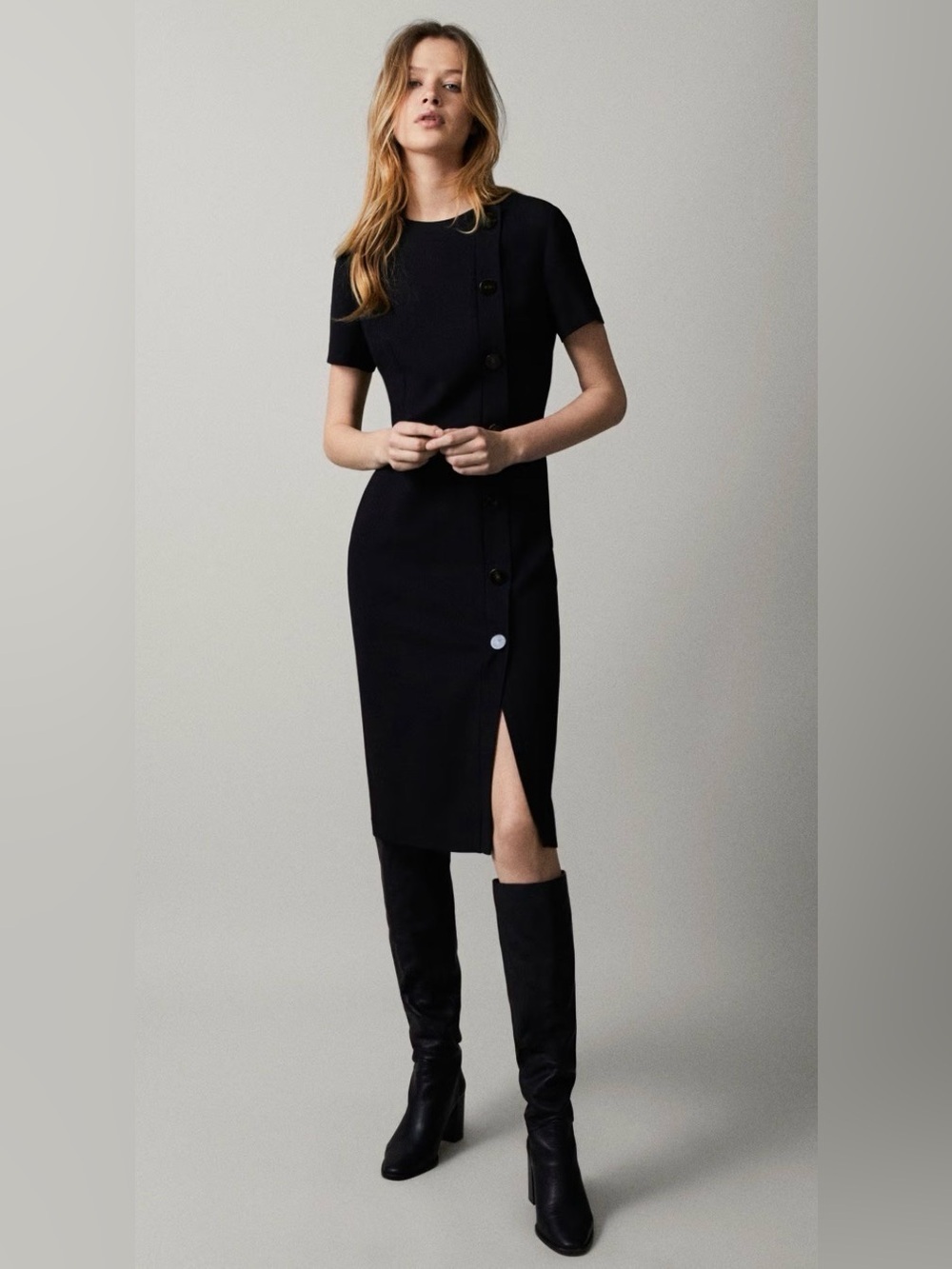 Massimo Dutti Black Midi Dress Size 4 Tailored Minimalist Quiet Luxury Workwear